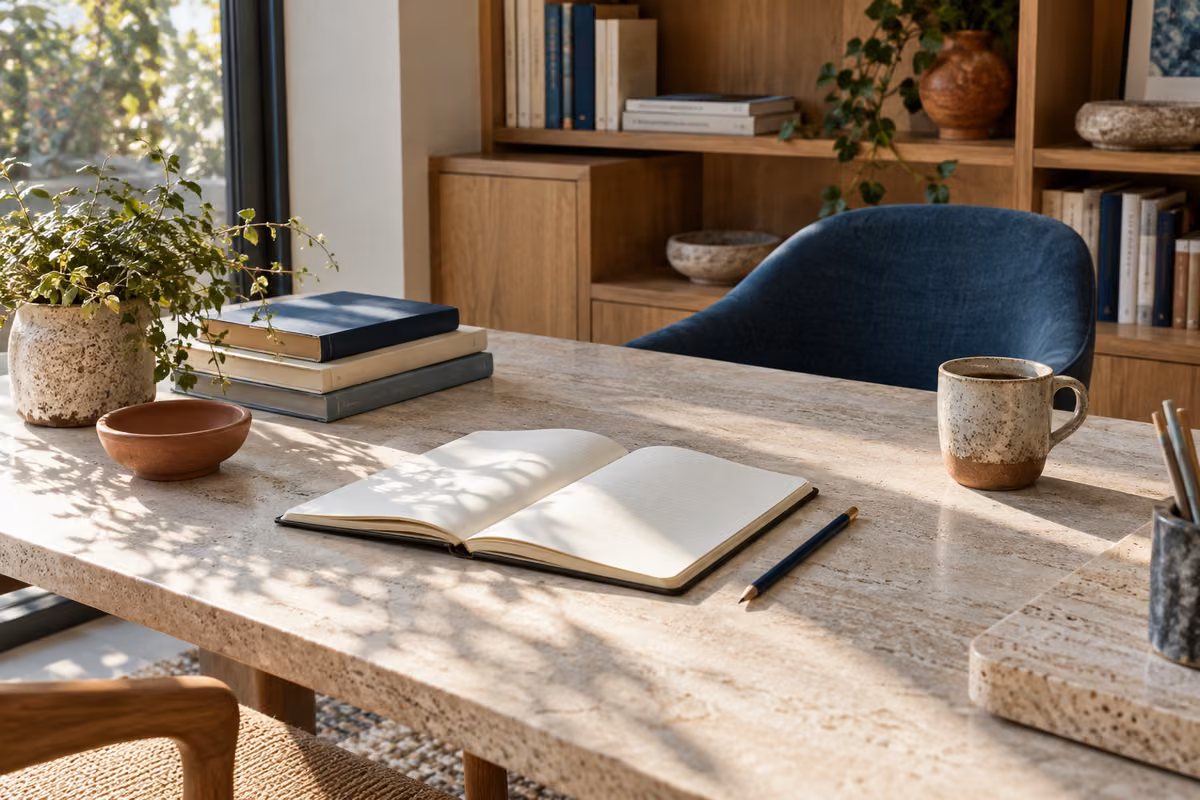 A naturally lit reading desk with a notebook and a blue chair